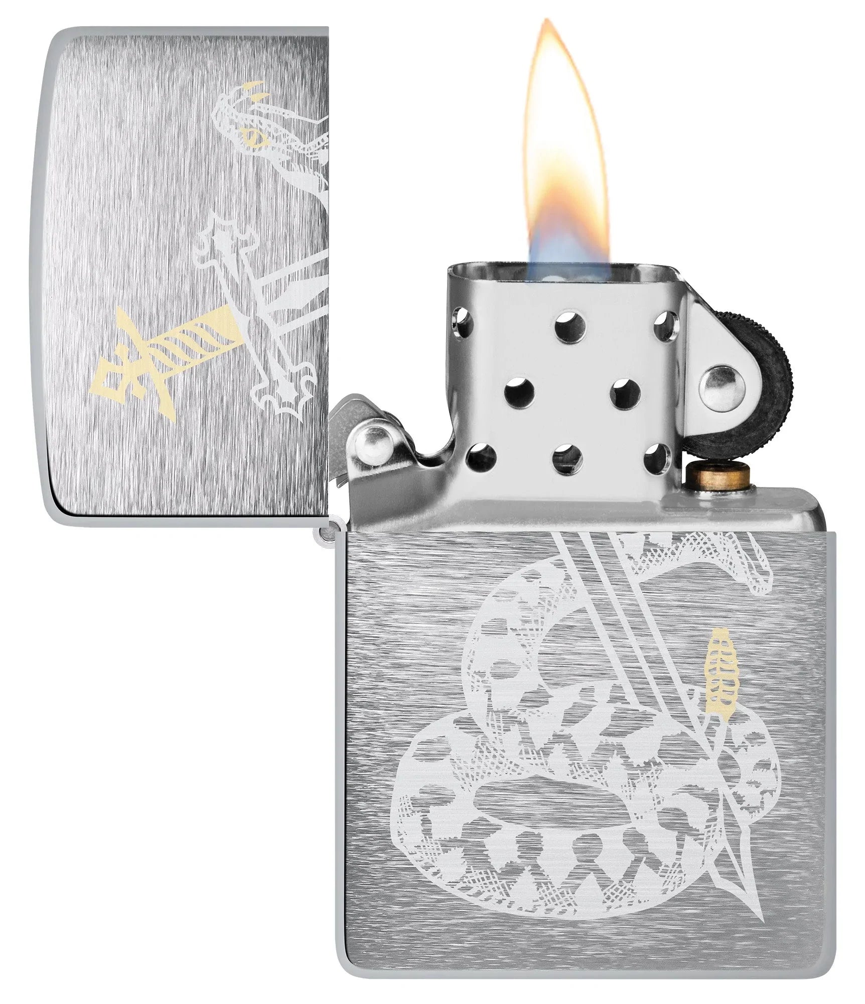 Snake Sword Tattoo Design Windproof Lighter with its lid open and lit.